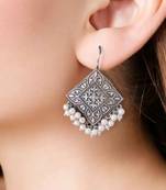 Diamond-shaped tribal silver-plated drop earrings