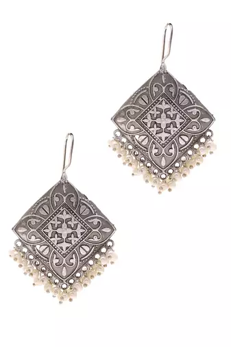 Diamond-shaped tribal silver-plated drop earrings
