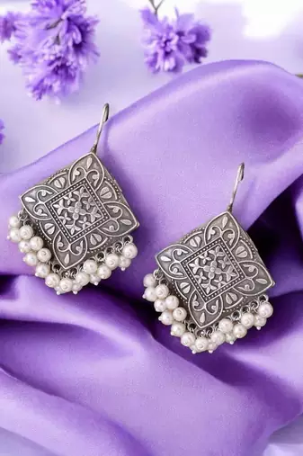 Diamond-shaped tribal silver-plated drop earrings