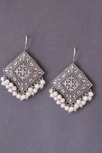 Diamond-shaped tribal silver-plated drop earrings