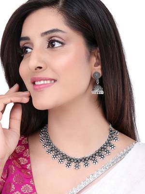 Oxidised silver-plated kolhapuri floral jewelry set with jhumkis 1