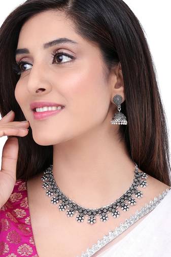 Oxidised silver-plated kolhapuri floral jewelry set with jhumkis