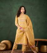 Yellow embroidered cotton round neck kurta sets
