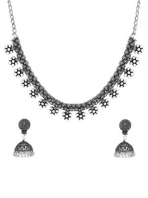 Oxidised silver-plated kolhapuri floral jewelry set with jhumkis 3