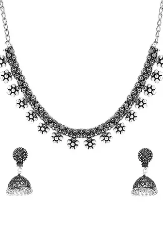 Oxidised silver-plated kolhapuri floral jewelry set with jhumkis