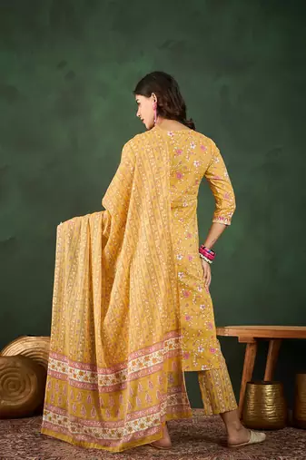 Yellow embroidered cotton round neck kurta sets