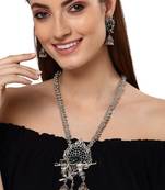 Oxidised silver-plated peacock feather jewelry set with blue & green accents