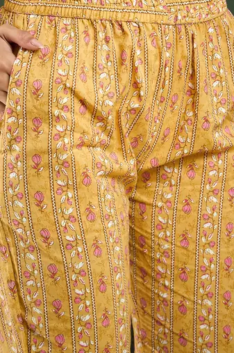 Yellow embroidered cotton round neck kurta sets