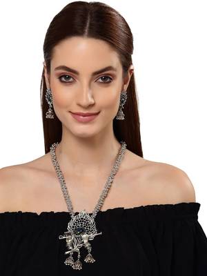 Oxidised silver-plated peacock feather jewelry set with blue & green accents 3