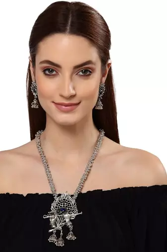 Oxidised silver-plated peacock feather jewelry set with blue & green accents