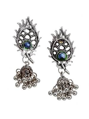 Oxidised silver-plated peacock feather jewelry set with blue & green accents 5