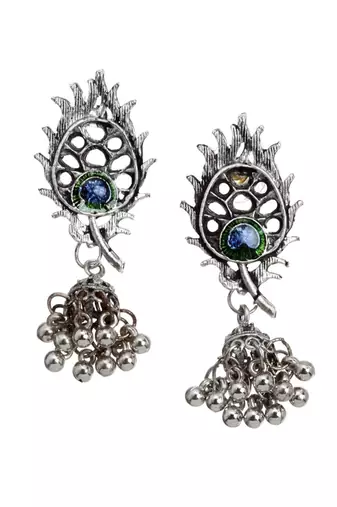 Oxidised silver-plated peacock feather jewelry set with blue & green accents
