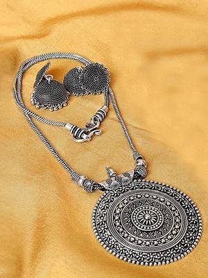 Oxidised silver-plated jewelry set with circular textured centerpiece and jhumkas 1