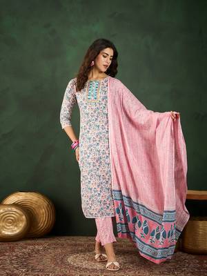 Peach embroidered cotton round neck kurta sets 1