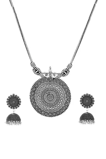 Oxidised silver-plated jewelry set with circular textured centerpiece and jhumkas