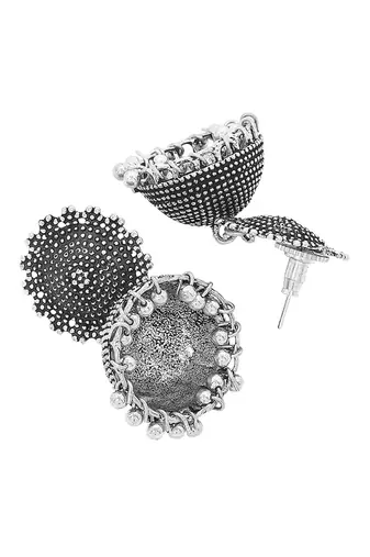 Oxidised silver-plated jewelry set with circular textured centerpiece and jhumkas