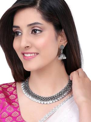 Oxidised silver-plated lakshmi coin choker necklace set with drop earrings 1