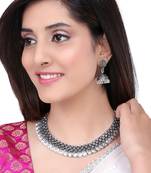 Oxidised silver-plated lakshmi coin choker necklace set with drop earrings