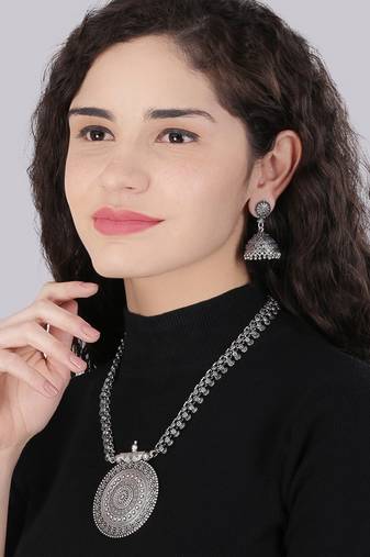 Oxidised silver-plated long jewelry set with intricate centerpiece and jhumkas
