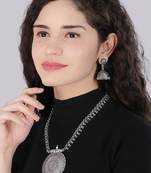 Oxidised silver-plated long jewelry set with intricate centerpiece and jhumkas