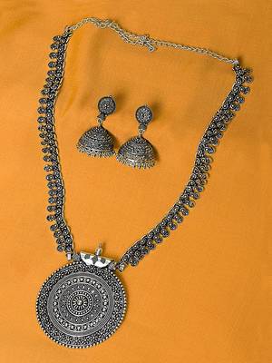 Oxidised silver-plated long jewelry set with intricate centerpiece and jhumkas 2