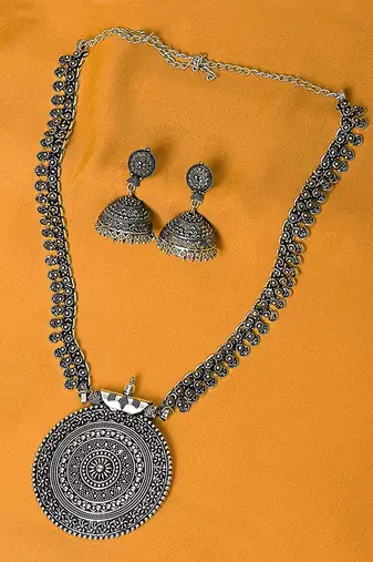 Oxidised silver-plated long jewelry set with intricate centerpiece and jhumkas