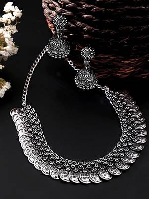 Oxidised silver-plated lakshmi coin choker necklace set with drop earrings 2