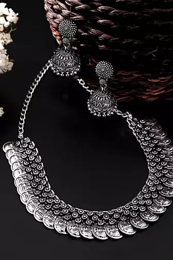 Oxidised silver-plated lakshmi coin choker necklace set with drop earrings