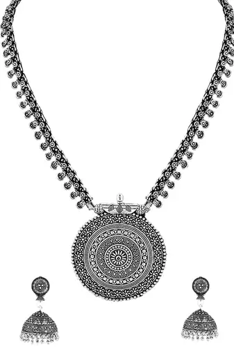 Oxidised silver-plated long jewelry set with intricate centerpiece and jhumkas