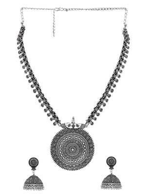 Oxidised silver-plated long jewelry set with intricate centerpiece and jhumkas 4