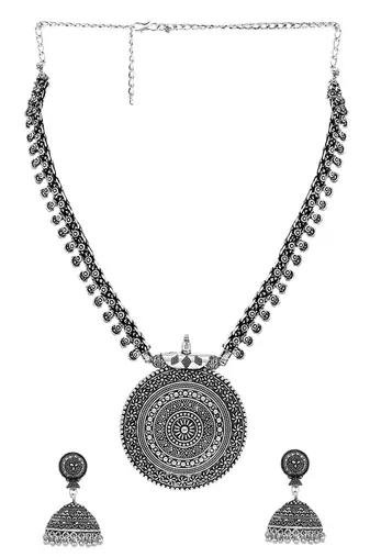 Oxidised silver-plated long jewelry set with intricate centerpiece and jhumkas