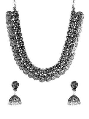 Oxidised silver-plated lakshmi coin choker necklace set with drop earrings 3