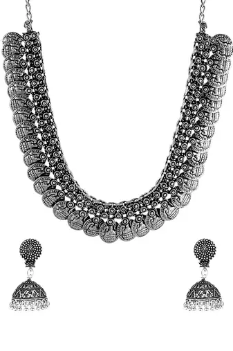 Oxidised silver-plated lakshmi coin choker necklace set with drop earrings