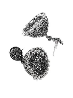 Oxidised silver-plated long jewelry set with intricate centerpiece and jhumkas 5
