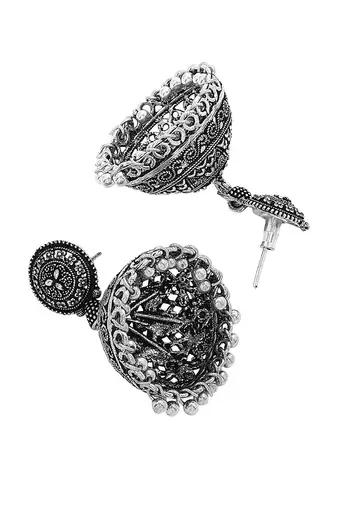 Oxidised silver-plated long jewelry set with intricate centerpiece and jhumkas