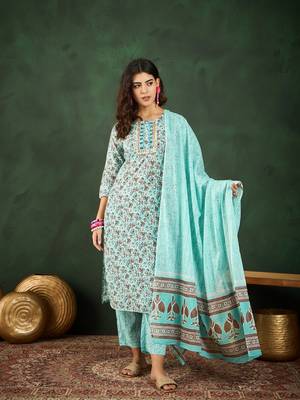 Light sea green embroidered cotton round neck kurta sets 1