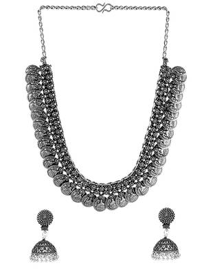 Oxidised silver-plated lakshmi coin choker necklace set with drop earrings 4