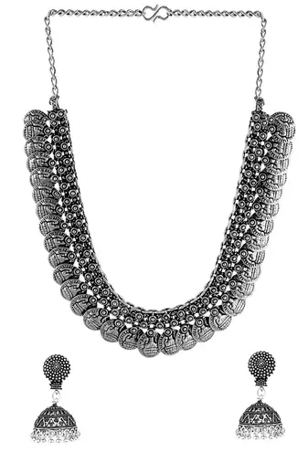 Oxidised silver-plated lakshmi coin choker necklace set with drop earrings