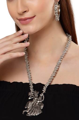 Oxidised silver-plated traditional jewelry set with radha-krishna motifs