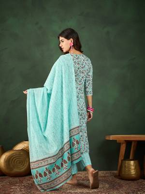 Light sea green embroidered cotton round neck kurta sets 2