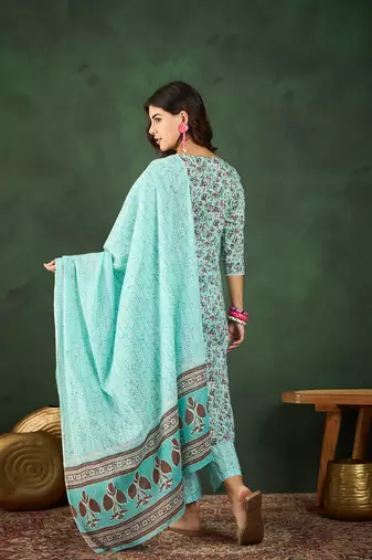 Light sea green embroidered cotton round neck kurta sets