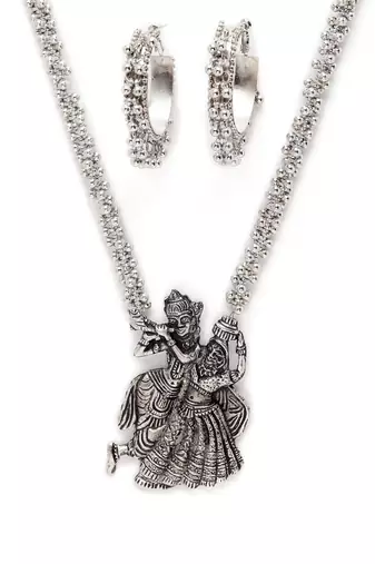 Oxidised silver-plated traditional jewelry set with radha-krishna motifs