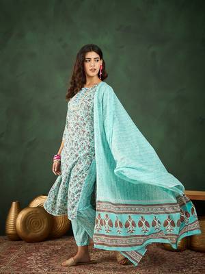 Light sea green embroidered cotton round neck kurta sets 3