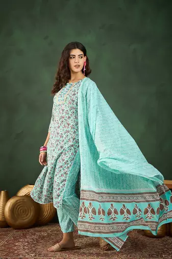 Light sea green embroidered cotton round neck kurta sets