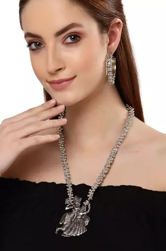 Oxidised silver-plated traditional jewelry set with radha-krishna motifs