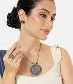 Silver-plated oxidised necklace set with earrings and matching ring