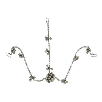 Silver oxidised maang tikka with intricate details and ghungroo accents 4