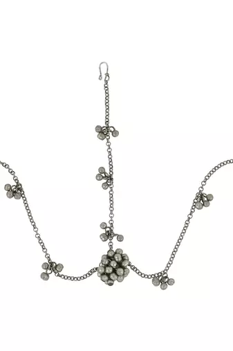 Silver oxidised maang tikka with intricate details and ghungroo accents