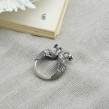 Peacock silver oxidized open ring with intricate motifs 1