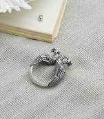 Peacock silver oxidized open ring with intricate motifs